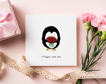 Penguin Roses Valentines Card, Cute Valentines Day Card for Him Her, I Love You Card, Valentines Card for Boyfriend Girlfriend