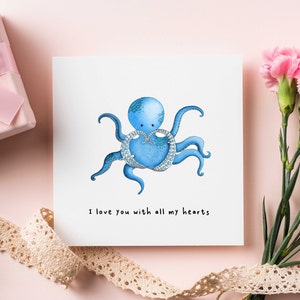Tarjeta de amor de pulpo, tarjeta divertida del día de San Valentín para novio novia él ella, tarjeta de amor animal lindo para él ella, tarjeta de pulpo te amo