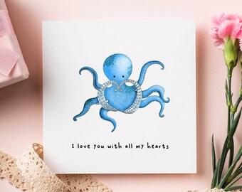 Carte d'amour de poulpe, carte de Saint Valentin drôle pour petit ami petite amie lui elle, carte d'amour animal mignon pour lui elle, carte de poulpe je t'aime