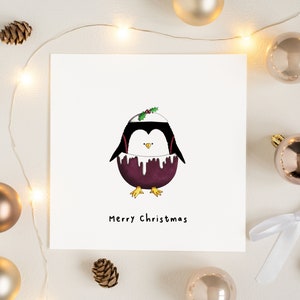Tarjeta de pingüino de pudín de Navidad, tarjetas de Navidad de animales divertidos él ella, tarjeta de felicitación de Navidad de pingüino, tarjetas de Navidad divertidas dibujadas a mano Reino Unido