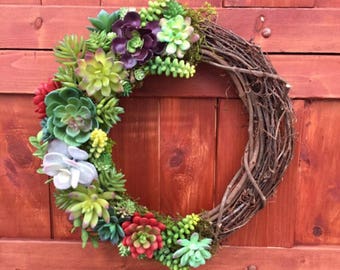 Succulent Wreath, Artificial Succulent Wreath, Spring Wreath, Faux Succulents, Wedding Decor, Front Door Wreath, Year Round Wreath, Rustic
