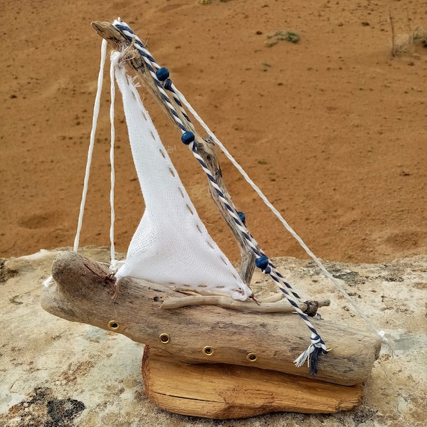 Driftwood sailboat,Handmade Sailboat,Driftwood Art,Sailboat with white gauze mainsail,Beachhouse decor Sailboat,Nautical Decor,Coastal Decor
