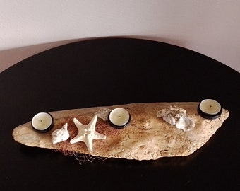 Driftwood theelichthouder met schelpen, middelpunt theelichthouder, kandelaar, rustiek, kust, strand, nautisch decor, huwelijksdecor