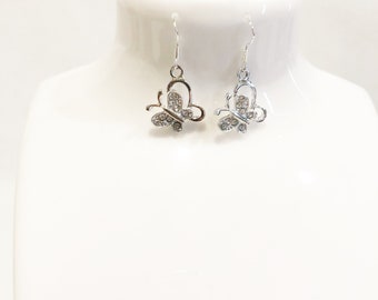 Silver rhinestone butterfly earrings, sterling silver hook wires, dangling earrings, drop earrings, butterfly earrings, butterfly pendants.