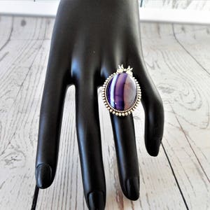 Purple banded agate ring, antique silver ring, adjustable ring, purple ring, size Australian Q.