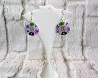 Floral polymer clay earrings, pink background earrings, sterling silver earrings, dangling earrings, bohemian earrings, drop earrings.