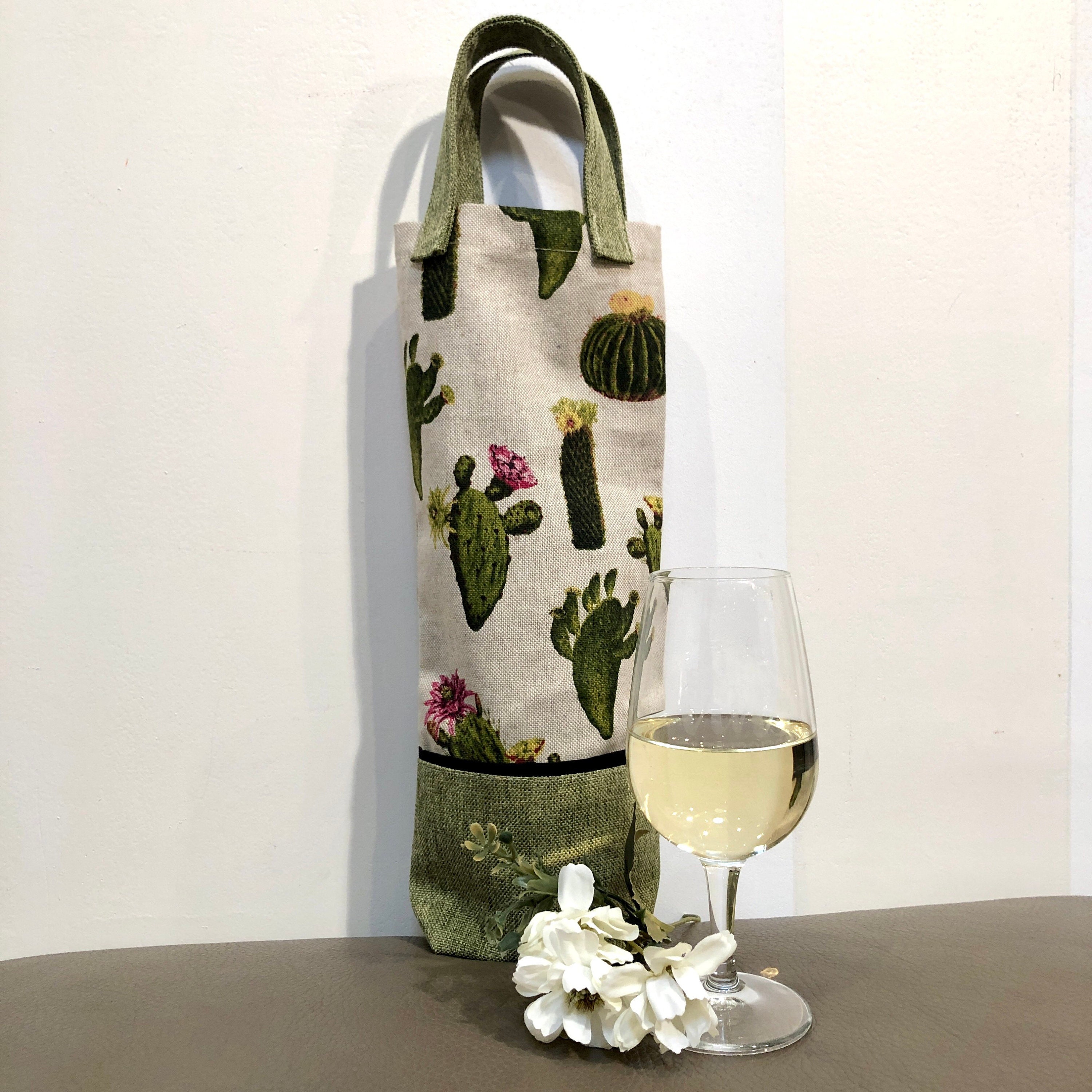 Sac en Tissus Pour Offrir Bouteille de Vin Motif Cactus