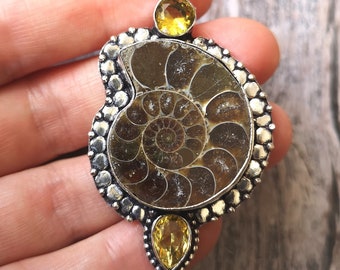 Pendentif en argent sterling 925 avec ammonite et citrine, bijoux faits à la main