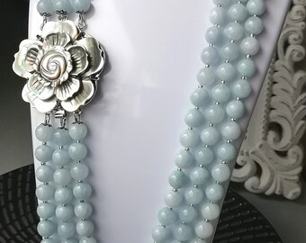3-Row Handmade Beaded Aquamarine Necklace with Mother-of-Pearl Lock