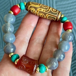 Magic Tibetan Old Agate 9Eye Totem dZi Bead Amulet Bracelet