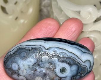 Large Gobi Eye Agate 62g – Orbicular & Fortification Pattern – Rare Double-Sided Collector Stone – Natural Polished Palm Stone