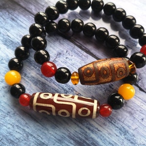 Magic Tibetan Old Agate 9Eye Totem dZi Bead Amulet Bracelet