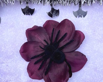 Pinza para el cabello de color morado oscuro con forma de flor, accesorio de araña para Halloween, tocado gótico, extragrande.