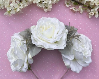 White and Grey Accessories, Rose Wreath, Flower Headband, Boho Wedding Flower Crown, Winter Bride, Bridal Tiara, Statement Hair Accessory,