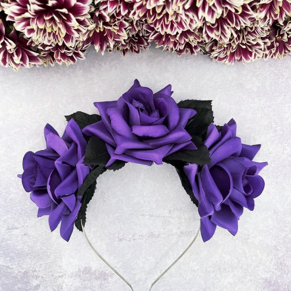 Dark purple rose headband, Damson hair accessory, Black leaves, Halloween headpiece, Gothic wedding flower crown, Alternative bridal wear