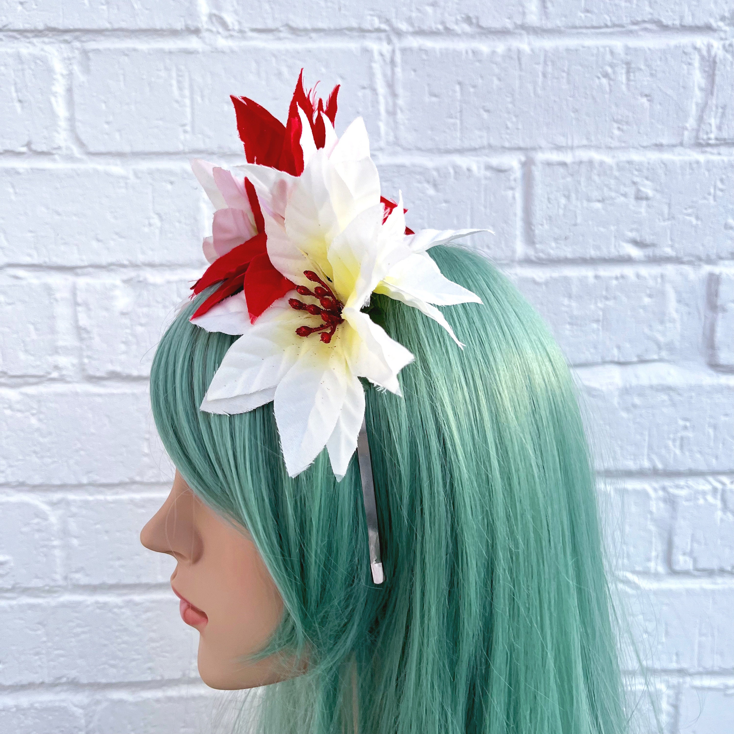 Red and White Poinsettia Flower Headband, Christmas Hair 