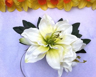Amaryllis hair flower, Statement cream fascinator, Green leaves, Wedding guest hair accessory, Pin up bride headband, Small church hat