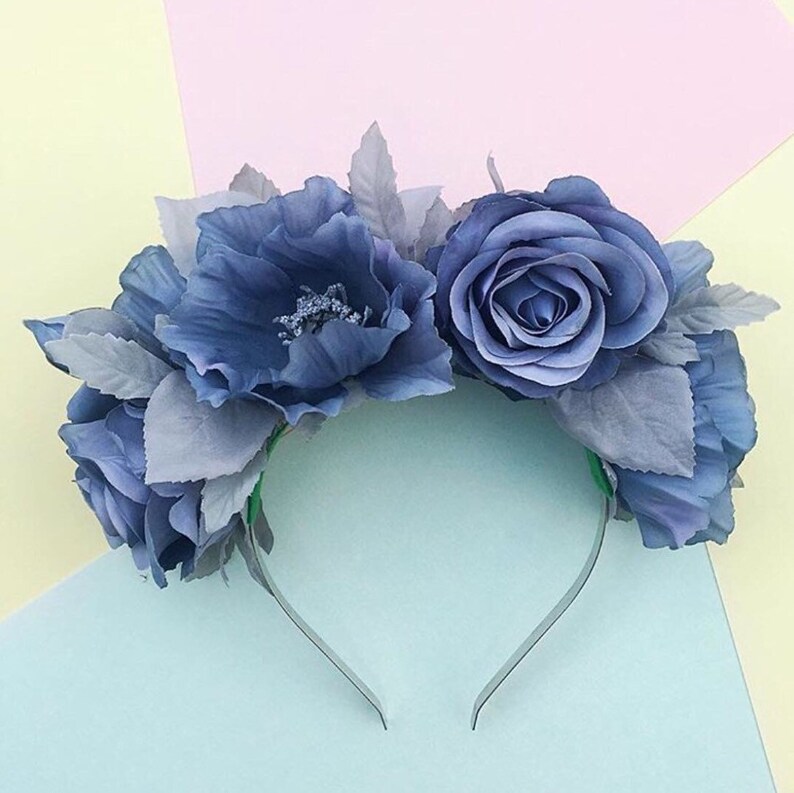 Grey Blue Flower Hair Accessory Poppy And Rose Headband Etsy