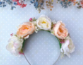 Accesorio para el pelo en tonos blanco y melocotón, diadema en tonos pastel, flores de primavera