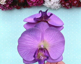 Tocado grande de orquídea morada, accesorio de damasco, flor para el cabello de boda,