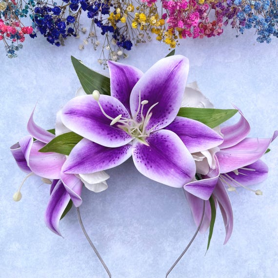 Huge Purple Stargazer Lily Headband, Small White Flowers, Green Leaves,  Statement Hair Accessory - Etsy Australia
