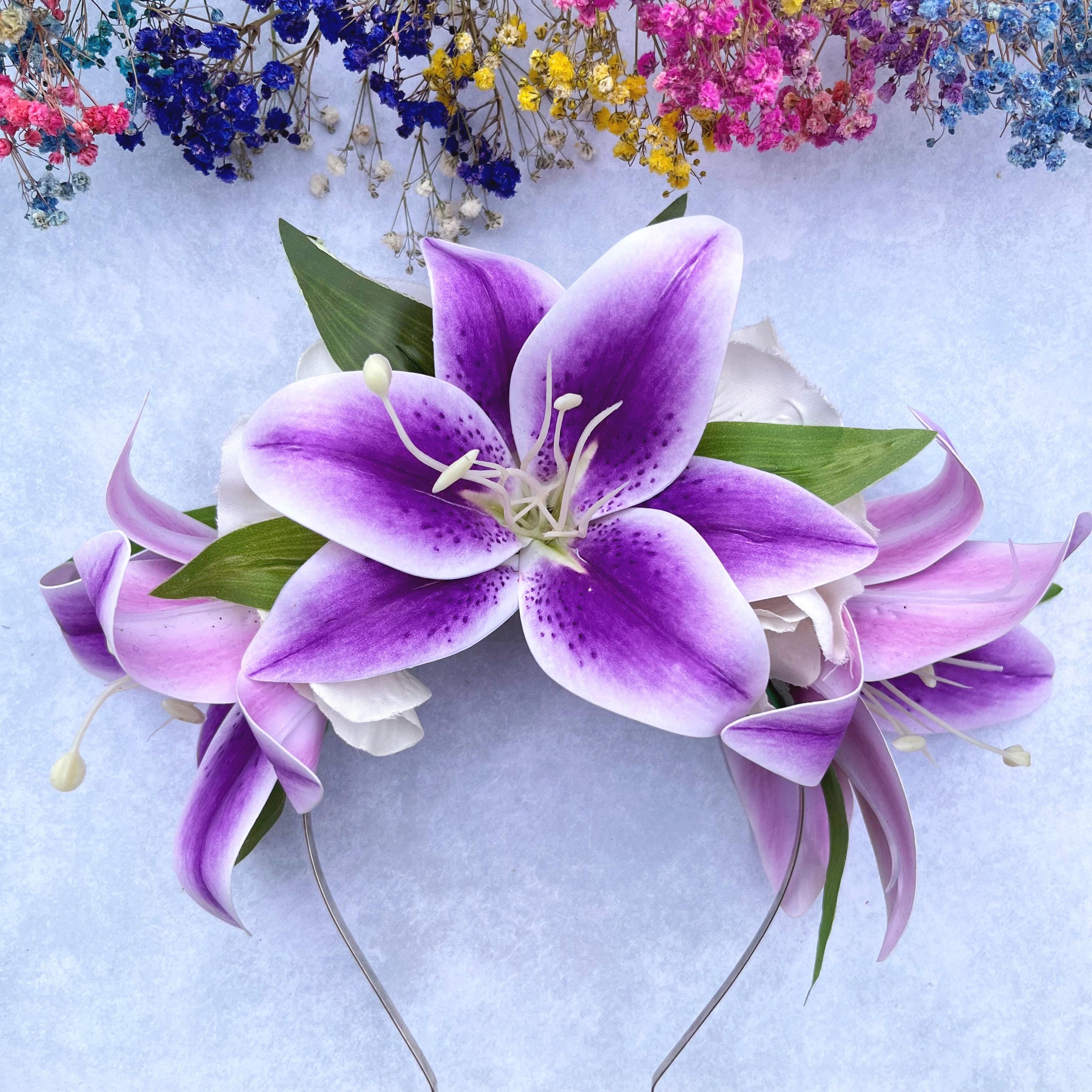 rocknrollsouldesigns Huge Purple Stargazer Lily Headband, Small White Flowers, Green Leaves, Statement Hair Accessory, image size:3000x3000