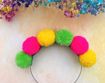 Brightly coloured pom pom headband, Citrus accessories, Dopamine dressing