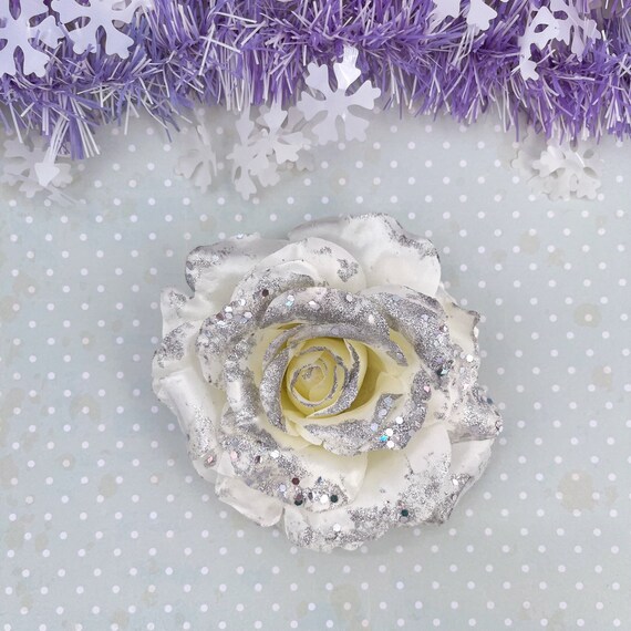 Large Rose Hair Flower White Hair Clip Glitter Hair Etsy Canada