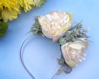 Pastel yellow and grey fascinator, Large peony headband, Wedding guest hair accessories