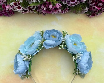 Diadema de flores en azul claro y verde, corona para el cabello en tonos pastel, accesorio de aciano