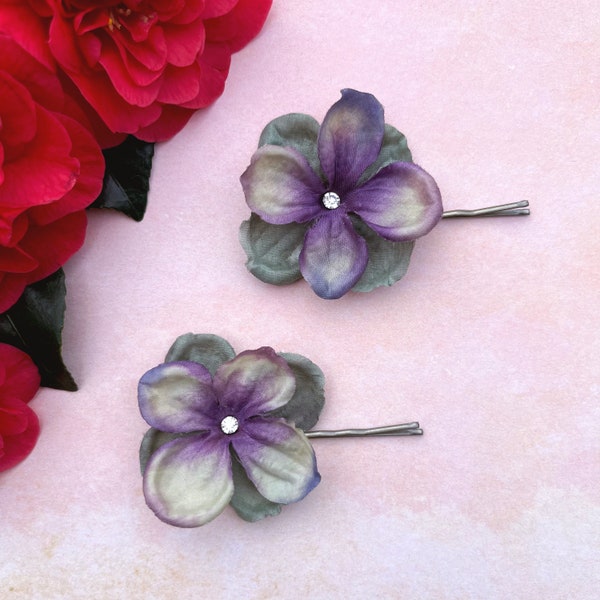 Two green and purple fabric pins, Silver glass stones, Hydrangea flower hair accessory, Bohemian wedding accessories, Bride up do clasps