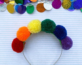 Colours of the rainbow pom pom headband, Woollen hair accessories, Colourful wedding headpiece, LGBTQ pride headwear, Lightweight alice band