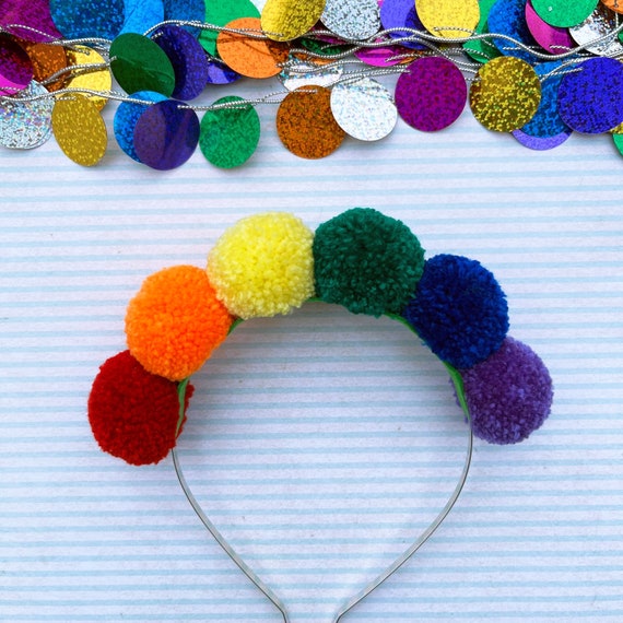 Colours of the Rainbow Pom Pom Headband, Woollen Hair Accessories,  Colourful Wedding Headpiece, LGBTQ Pride Headwear, Lightweight Alice Band 