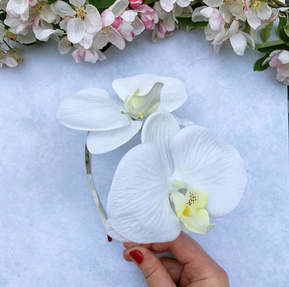 White orchid hair accessory, Flower headband, Bridal accessories, Pin up flowers, Statement style, Beach wedding outfit, Classic headpiece