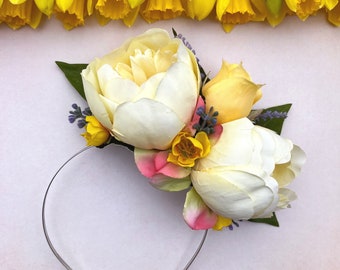 Yellow peony fascinator, Pastel hair flowers, Spring wedding headband, Ladies hair accessory, Mother of bride, Easter accessories, Pin up