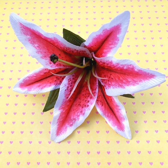 Huge lily hair clip, Pink and white accessory, Oversized flower clasp, Stargazer flower, Beach bride fascinator, Pin up wedding accessories