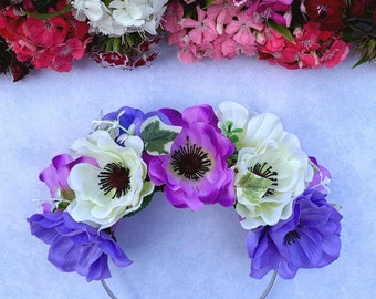 Summer flower crown, Anemone headband, Purple and cream wreath, Wedding hair accessory, Ivy leaves, Boho bride, Woodland photoshoot