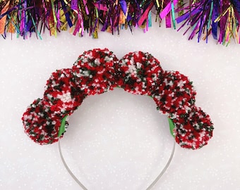 Red white green pom pom headband, Traditional Christmas accessories, Metal alice band, Festive colours, Christmas Eve outfit, Novelty gift