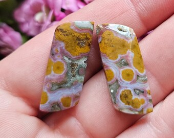 Coppia di cabochon River Jasper con sfere dorate e fascia viola, perfetti per orecchini