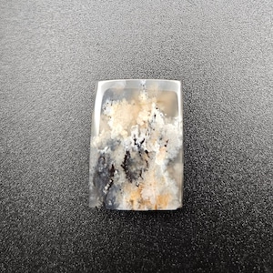 Puede incluir: Una piedra preciosa de ágata dendrítica rectangular con una superficie lisa y pulida. La piedra presenta una base translúcida de color blanco lechoso con inclusiones complejas y ramificadas en negro y marrón oscuro que recuerdan a helechos.