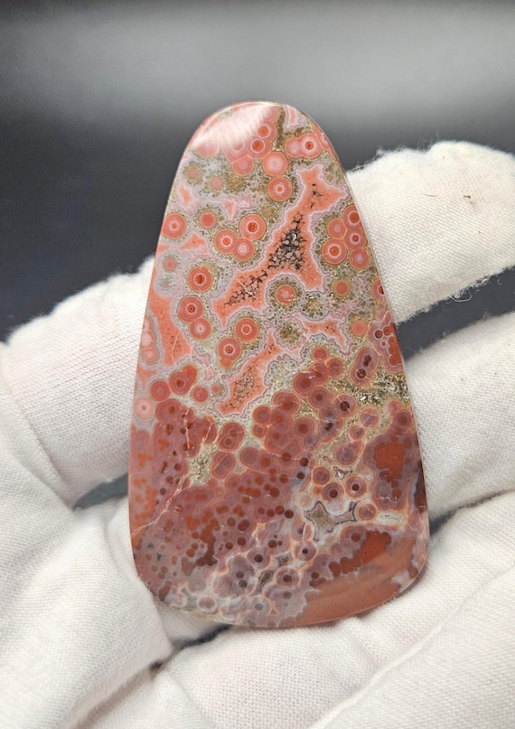 Large orbicular ocean jasper cabochon red and white rounded triangular shape