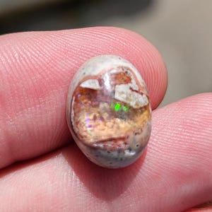 Peut inclure: Une pierre précieuse d'opale de forme ovale avec un mélange de couleurs, dont le marron, le blanc et des touches de vert et de violet. La pierre a une surface polie et un motif unique, tenue entre les doigts.