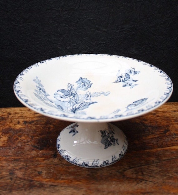 Fruit Bowl Cake Stand Compotier Blue White 19th century Vintage French SALINS Terre de fer Pattern CHEVREUSE Rustic Kitchen China France