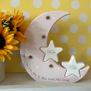 Personalised mum wooden moon & stars, mummy we love you moon, wooden moon and interlocking stars, mummy love you gift, gifts for mum