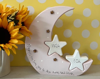 Personalised mum wooden moon & stars, mummy we love you moon, wooden moon and interlocking stars, mummy love you gift, gifts for mum