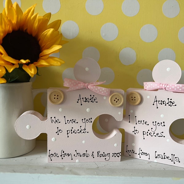 Personalised auntie gift, personalised wooden freestanding puzzle piece, we love you to pieces puzzle piece