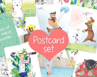 Postcard set, greeting card multi pack, bundle of illustrated cards, small art prints set of 5, illustration box, discounted A6 cards sale