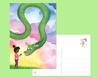 Girl & dragon postcard - cute animal illustration postcard for kids, colourful sky greeting card, rainbow clouds