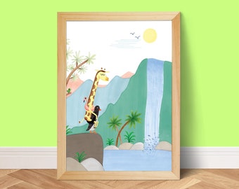 Giraffe and penguin poster, baby nursery art animals, colourful art work for kids room, waterfall decor, cute wall art print, pool party