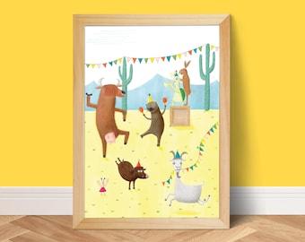 Animal party poster, cute baby room art work, nursery decor, childrens room poster, kids room wall art, colourful art print, illustration
